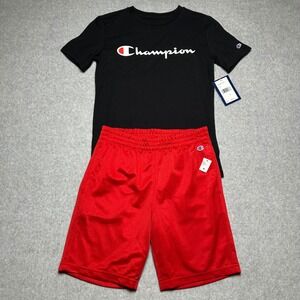 Champion Boys 2PC Set Black Red Script Logo Tee Mesh Shorts Size M 10 C915ST1019
